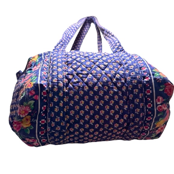 90s Vintage Vera Bradley Mini Duffel in Indiana Pattern Royal Blue Pocket Sides - Picture 17 of 17